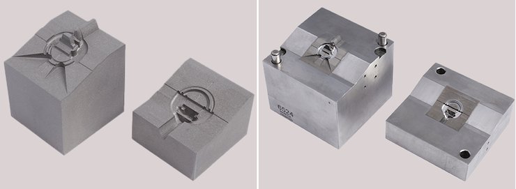 Fathom Manufacturing cavity and core inserts as printed with Mantle’s TrueShape metal 3D printing technology (left). Cavity and core inserts after Fathom finished the printed inserts and assembled them in their modular mold system (right). Fathom Manufacturing cavity and core inserts as printed with Mantle’s TrueShape metal 3D printing technology (left). Cavity and core inserts after Fathom finished the printed inserts and assembled them in their modular mold system (right).
