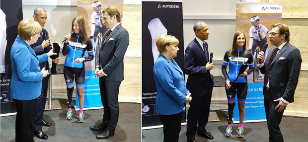 Denise Schindler shows Obama and Merkel her prosthetic Denise Schindler shows Obama and Merkel her prosthetic
