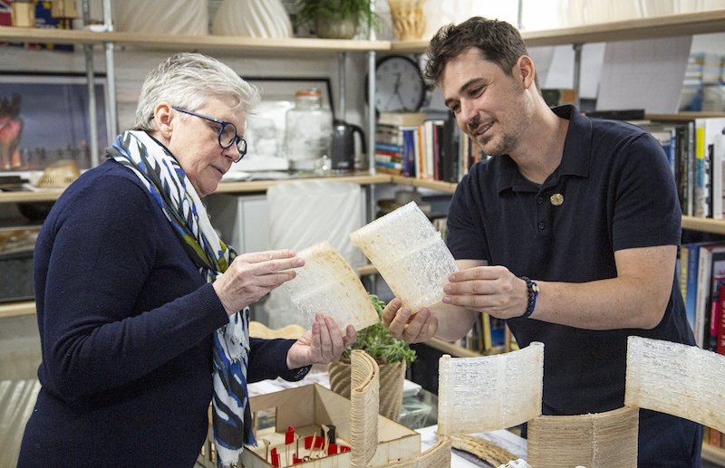 Dassault Systèmes’ Anne Asensio and architect Arthur Mamou-Mani with 3D printed AURORA module