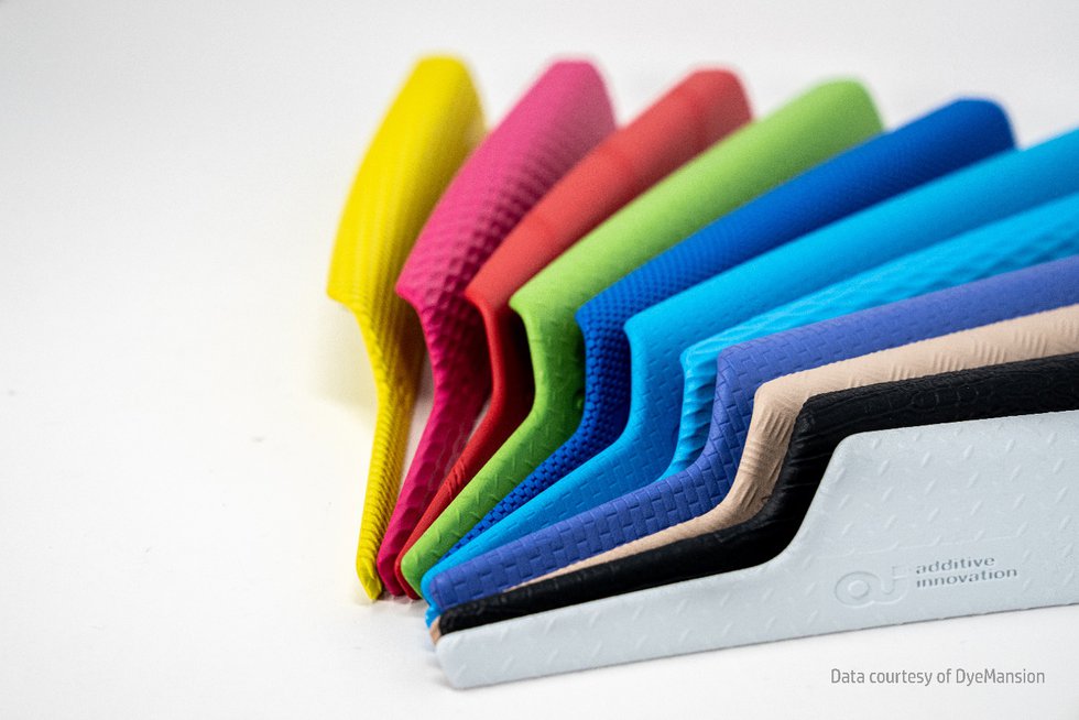 HP Multi Jet Fusion 3D printed parts finished with DyeMansion post-processing technology HP Multi Jet Fusion 3D printed parts finished with DyeMansion post-processing technology