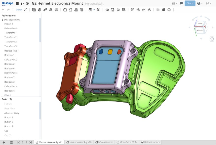 This skydiving helmet mount was designed in Onshape and made with a 3D printer. This skydiving helmet mount was designed in Onshape and made with a 3D printer.