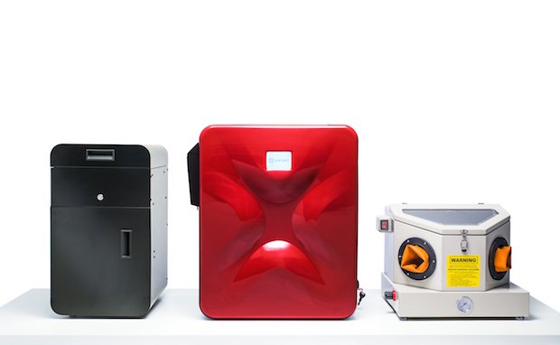 Sinterit Lisa sieve sandblaster      The Sinterit Lisa desktop 3D printer, with the sieve device to the left, and sandblaster to the right.