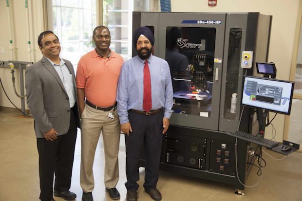 FAMU Research grant      Professors Ramakrishnan, Dickens and Sachdeva (left to right) in front of the high-resolution 3D printer that will be used to manufacture novel materials and devic...