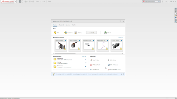 SOLIDWORKS 2018 welcome screen