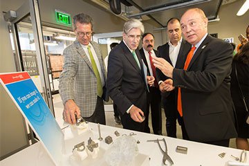 Uni of Miami J&J 3dp center                Provost Jeffrey Duerk, President Julio Frenk and College of Engineering Dean Jean-Pierre Bardet at the opening of the J&J 3D Printing Center. - U...