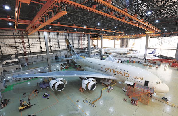 A380 inside hangar      A380 inside hangar at Etihad Engineering.