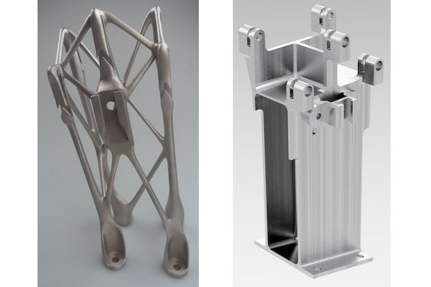 Left: Additively manufactured metal bracket for space applications. Right: Conventionally machined metal bracket for space applications. - RUAG
