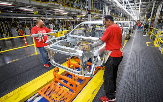 Assembly line in GM factory, Detroit.