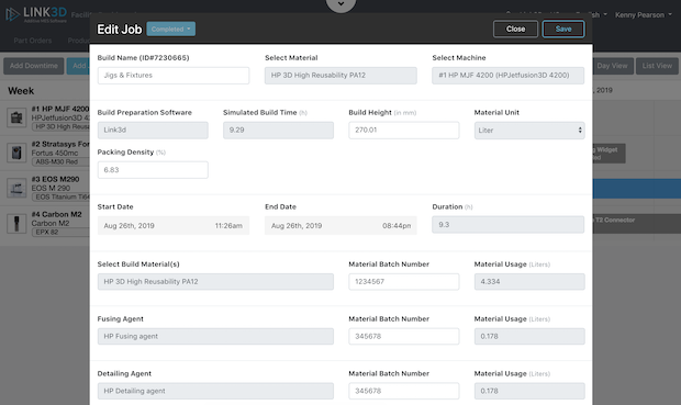 Materials tracking per job within Link3D's Machine Scheduling System.      Materials tracking per job within Link3D's Machine Scheduling System. - Link3D