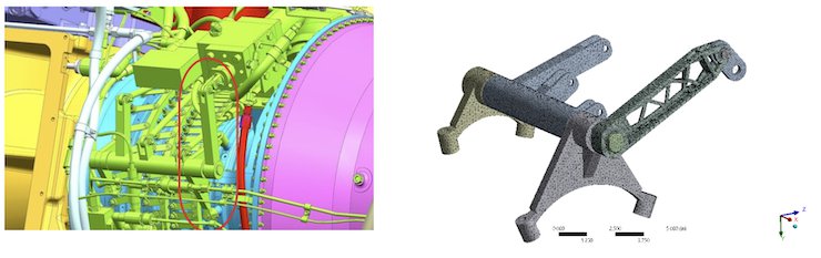 From left: Legacy gas-turbine engine design with original torque arm connecting linear actuator to bellcrank and close-up of new, topology-optimised and connected parts.