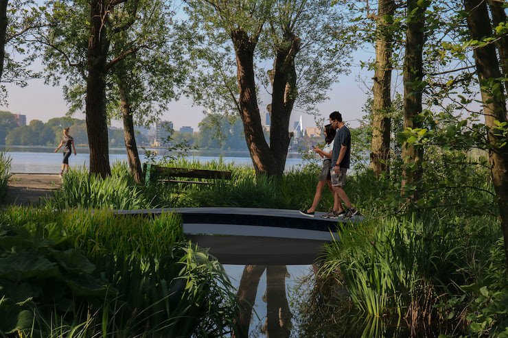 Rendering of 3D printed footbridge. DSM      Rendering of 3D printed footbridge.