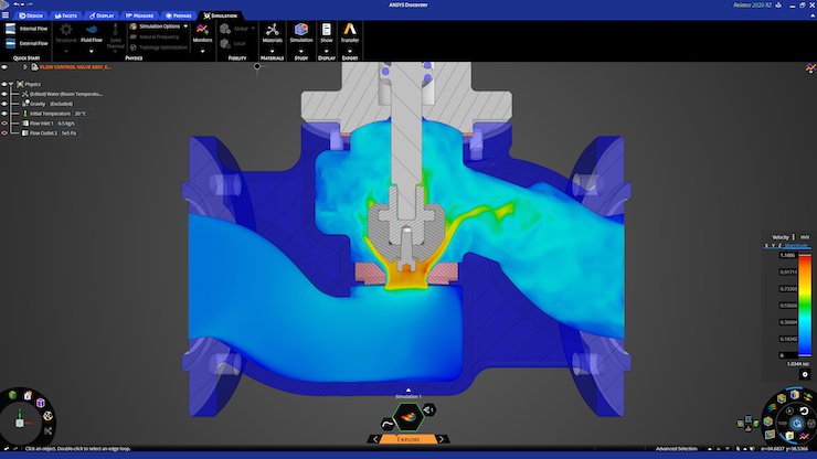 Ansys Discovery      Ansys Discovery executes interactive design exploration with real-time simulation of fluid flow behaviour within a flow control valve. - Ansys