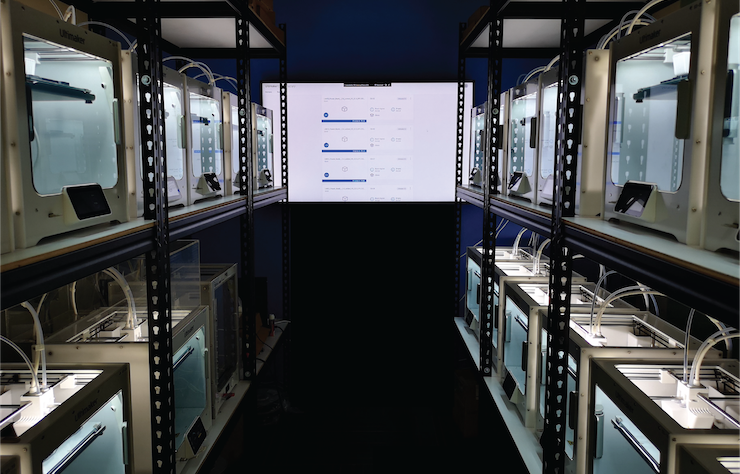 3D Metalforge 3D print farm featuring Ultimaker S3 machines.