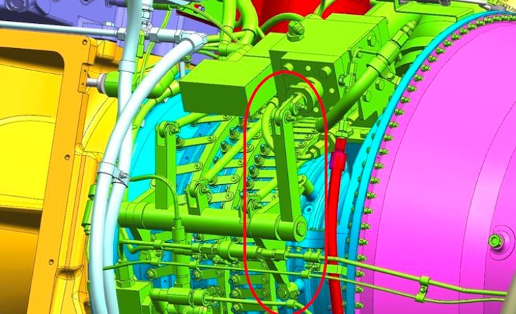 Advatech Pacific PADT      Legacy gas-turbine engine design with original torque arm connecting linear actuator to bellcrank.