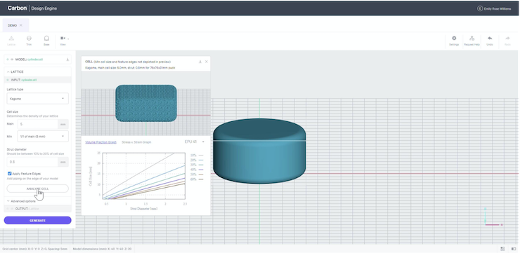 Carbon Design Engine      The Carbon Design Engine can predict lattice performance prior to generation. Here, the tool suggests lattice parameters to achieve a desired volume fraction to l...