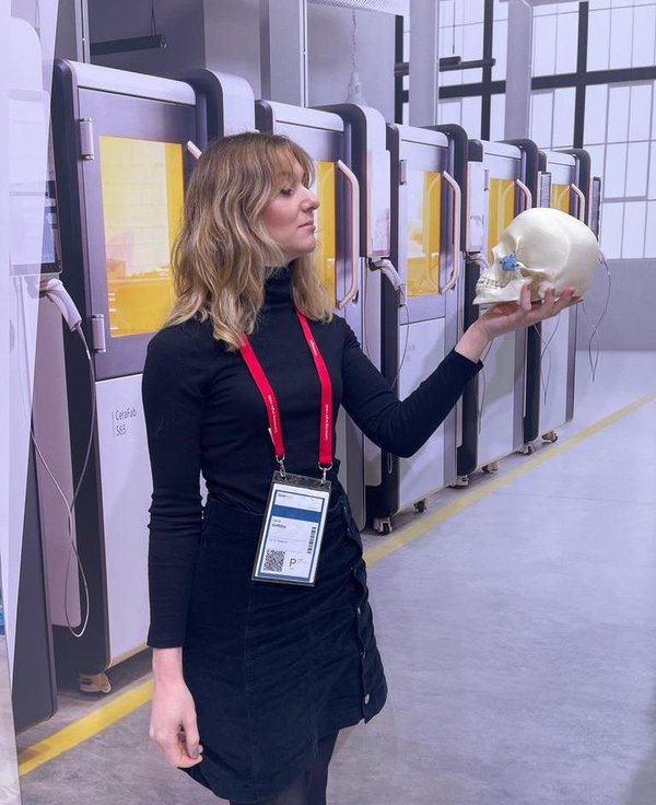 To print, or not to print, that is the question. (Me with 'Herbert', a 3D printed skull featuring a new ceramic lattice implant from Lithoz which absorbs into the body.)