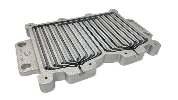 Cut section of an optimised liquid-cooled heat exchanger printed without supports on 3D Systems' DMP Flex 350 Dual.