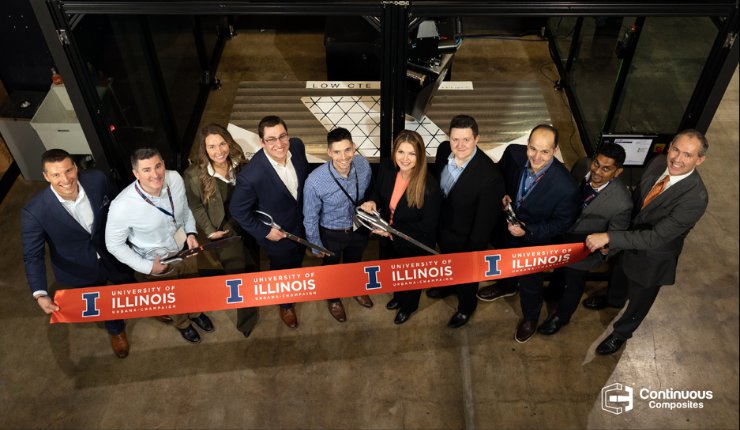 Ribbon cutting ceremony for the commercialization of Continuous Composites CF3D Enterprise™ system at University of Illinois Urbana-Champaign Department of Aerospace Engineering. - Continu...