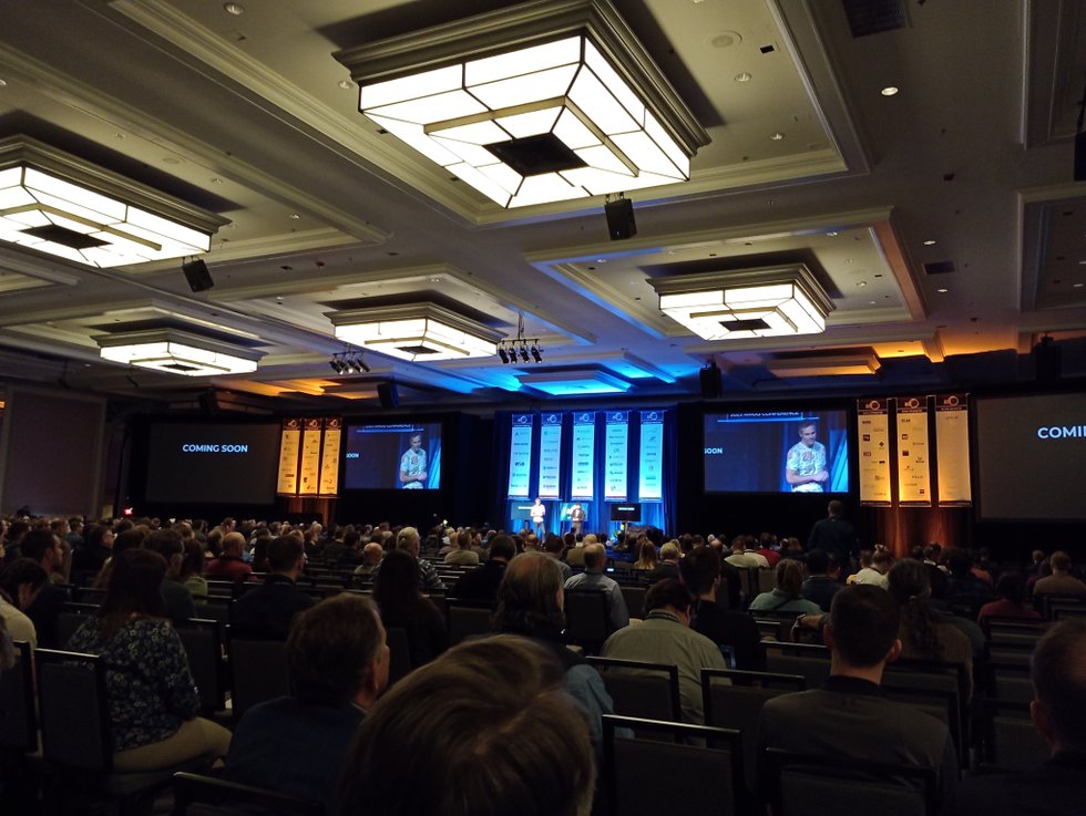 Co-presenters Robert Ducey of LAIKA Studios and Nicholas Jacobson of the University of Colorado’s Anschutz Medical Campus on stage at AMUG 2023