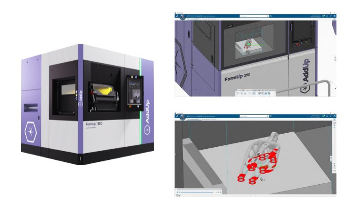 AddUp's FormUp 350 (left) FormUp 350 Virtual Twin (top right) and a visualisation of trajectories generated in the AddUp trajectory generator - AddUp