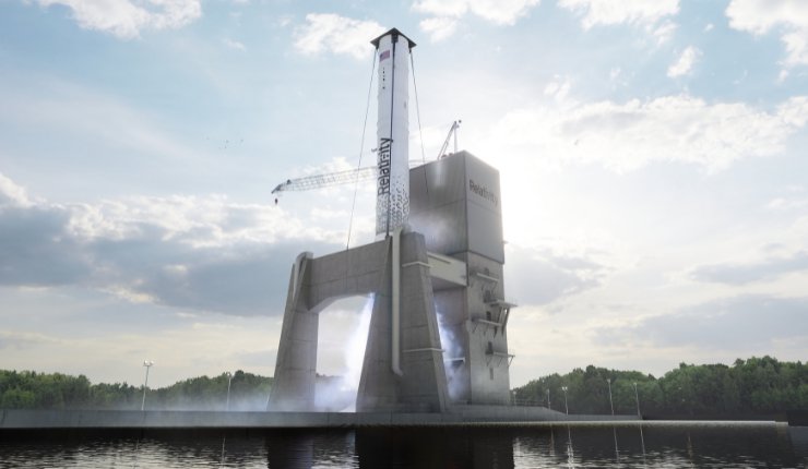 A rendering of Terran R's first stage on the A-2 Test Stand at NASA's Stennis Space Center. - Relativity Space