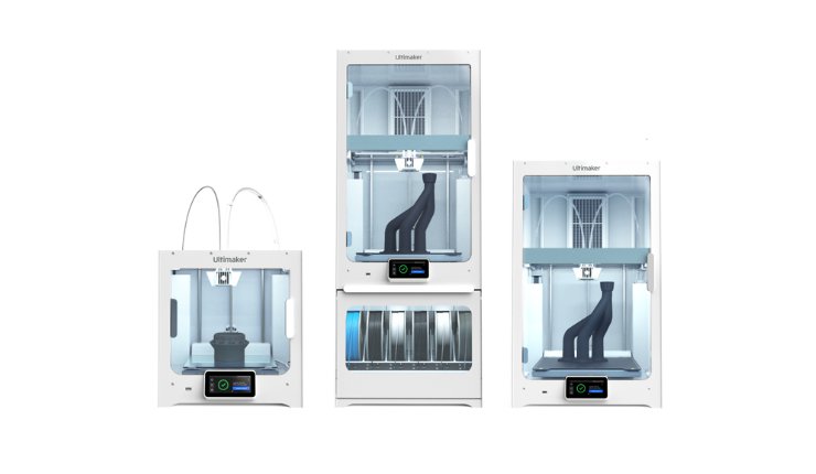 From left to right, UltiMaker S5, UltiMaker S7 Pro Bundle, and UltiMaker S7 - UltiMaker