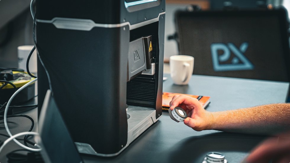 3D printed sample under machine - Renishaw/Plastometrex