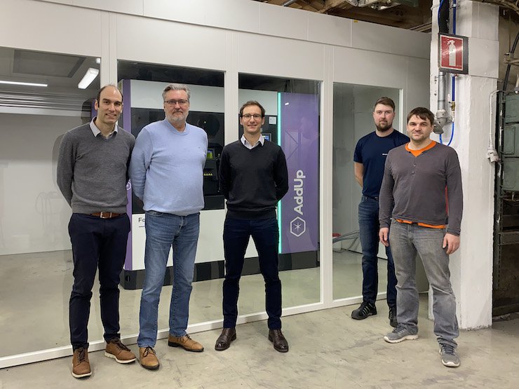 Left to right: Frederic Le Moullec (AddUp), Marko Pirhonen (TP Tools), Paul-Henri Barral (AddUp), Otto Pirhonen (TP Tools), Lauri Kollo (TP Tools). - TP Tools OY/AddUp