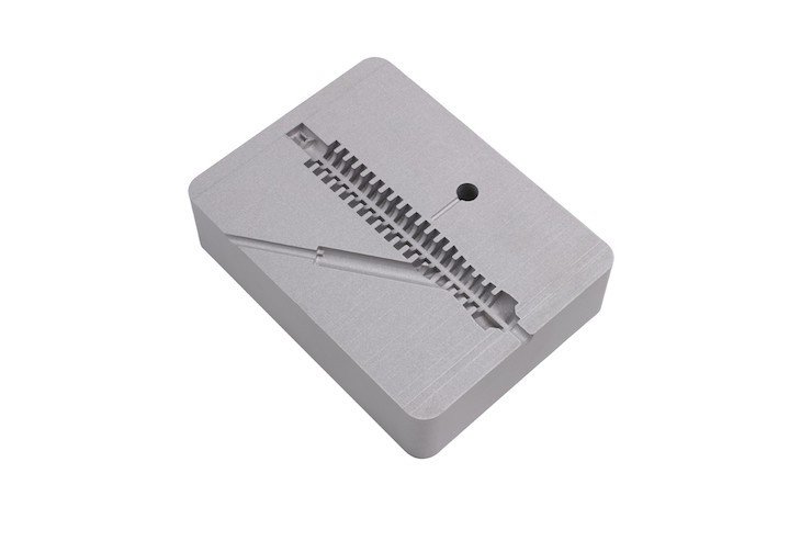 Deep-ribbed medical device component mould insert printed with Mantle 420 Stainless Steel. This tool is ideal to fabricate with Mantle’s technology as the deep ribs would otherwise have re...