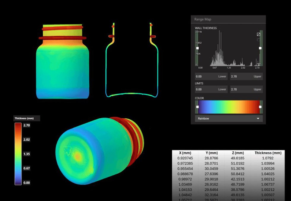 Wall Thickness Analysis reveals variations in material distribution in this injection blow-moulded pill bottle. - Lumafield