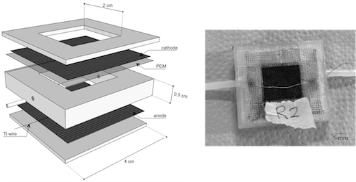 Layer-by-layer 3D-printed miniature microbial fuel cell. The device consisted of a bottom layer (B); an intermediate layer (I); and a top layer (T). The anode and the PEM/cathode were inse...