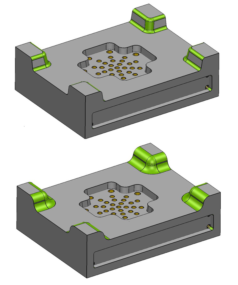 With PowerSHAPE Pro 2015, a number of fillets of different radii can be altered simultaneously to a new size