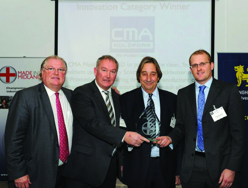 CMA Moldform Innovation Award      Left to right: Lord Digby Jones and event Sponsor Mark Evans with Peter Turnock MD and Tom Dunkley of CMA Moldform Ltd.