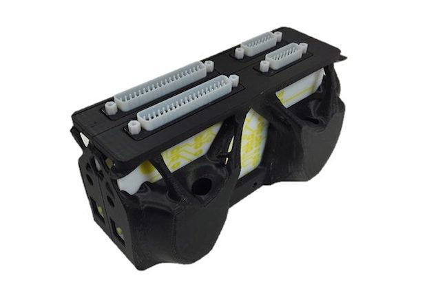 The weight of this 3D printed circuit box was reduced by 30% using SIMULIA design optimisation.