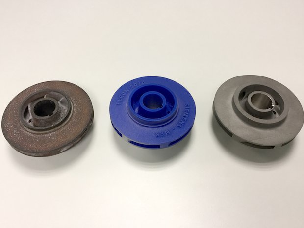 Siemens nuclear power plant component      From left to right: the original obsolete part; the 3D prototype; and the actual 3D-printed impeller currently in use at Krško Nuclear Power Plan...