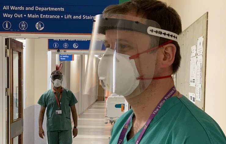 3D printed face shield worn by Stuart Smith, Consultant at Queen's Medical Centre, Nottingham, and Clinical Associate Professor at the University of Nottingham.jpeg