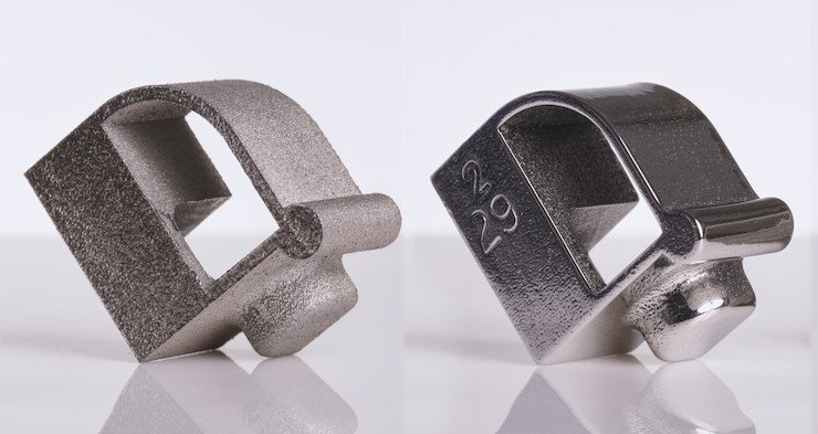 Stainless steel complex test shape, before and after.