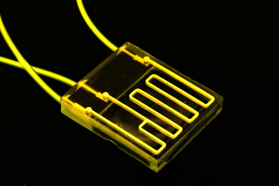 Organ-on-a-chip (OOC) - microfluidic device chip that simulates biological organs that is type of artificial organ. Prototype of design lab-on-a-chip in microfluidic laboratory