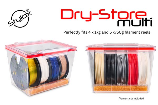 Dry-Store multi is designed to perfectly fit 4 x 1kg or 5 x 750g 3D printer filament reels